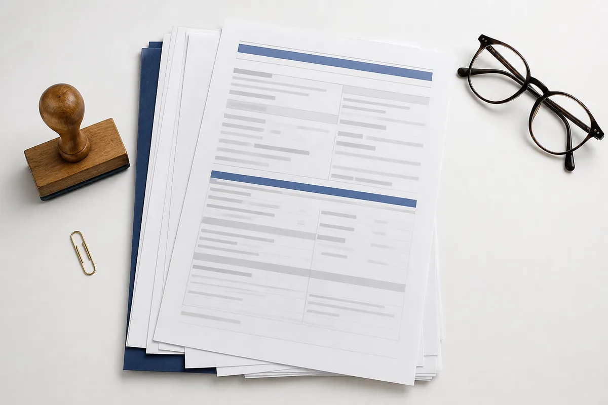 Documents juridiques et contrat de prestation web poses sur un bureau clair