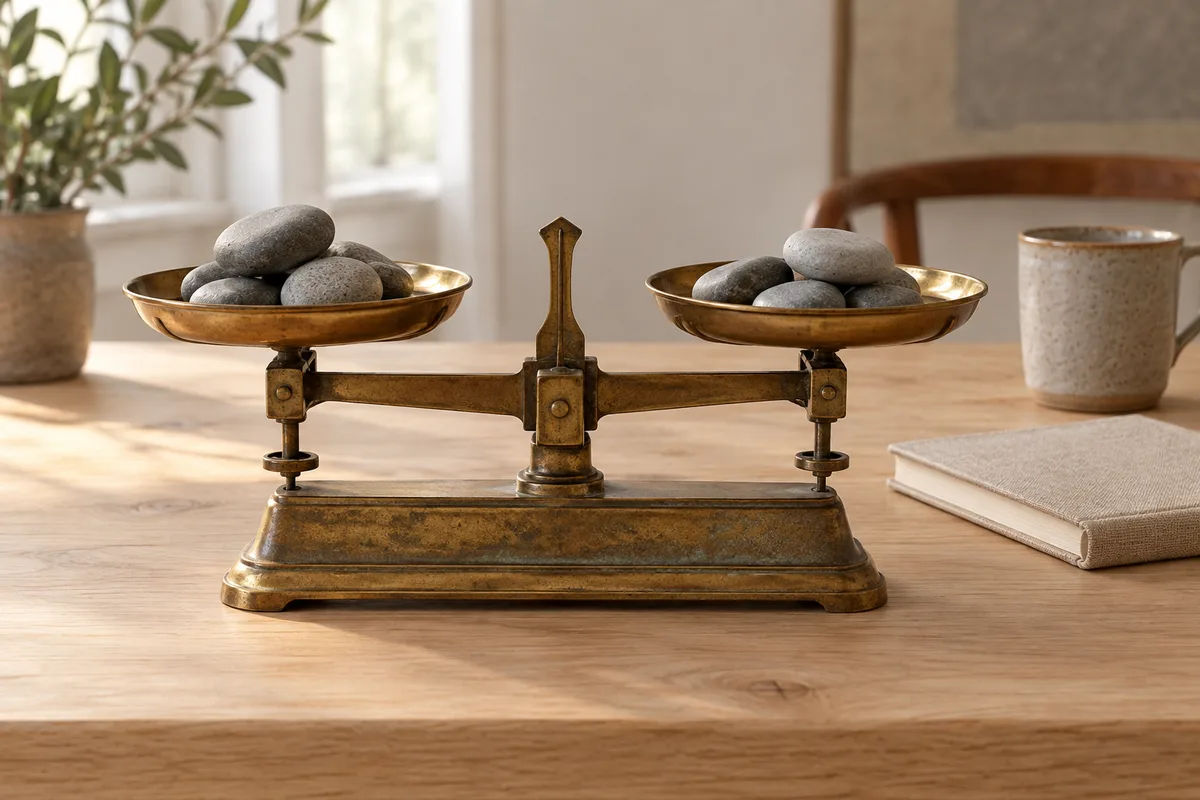 Balance à plateaux en laiton et galets gris posés sur un bureau en bois clair
