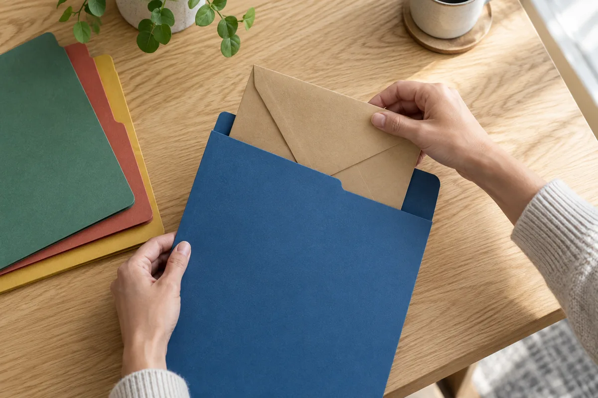 Mains glissant une enveloppe kraft fermée dans une chemise cartonnée bleue