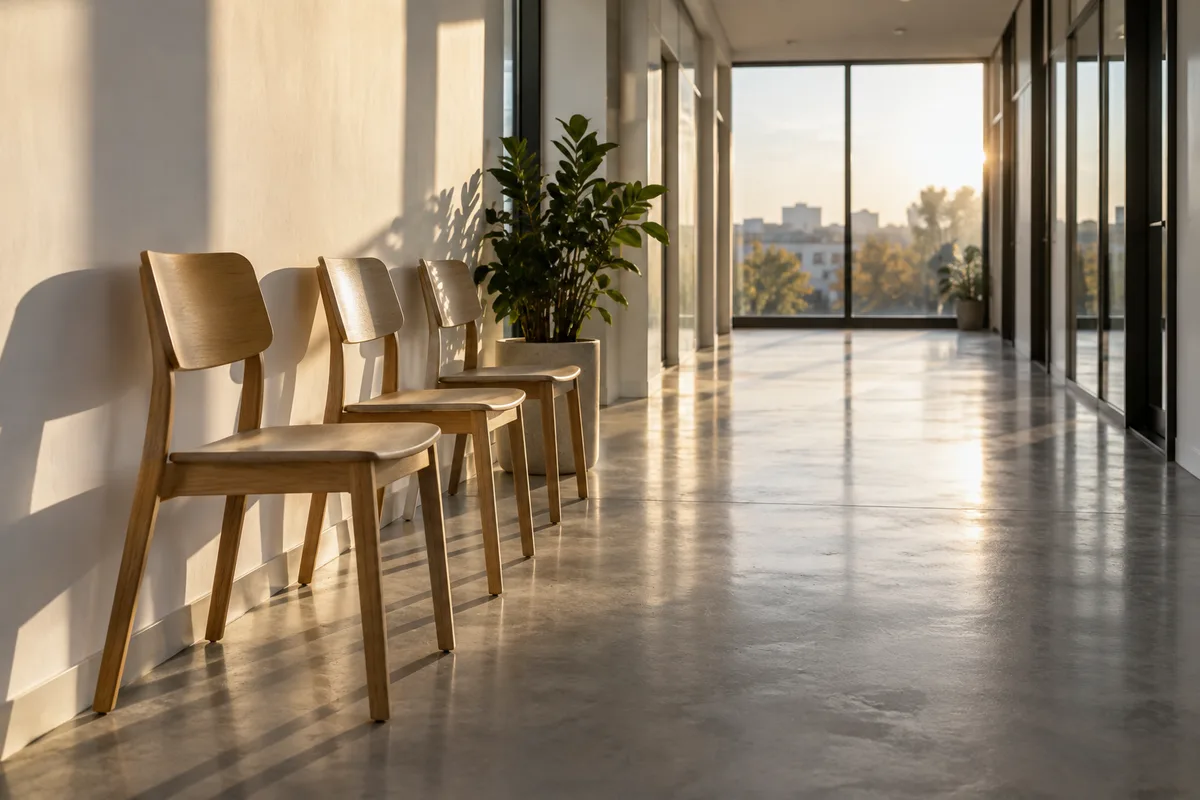 Trois chaises en bois alignées dans un couloir clair devant une grande fenêtre