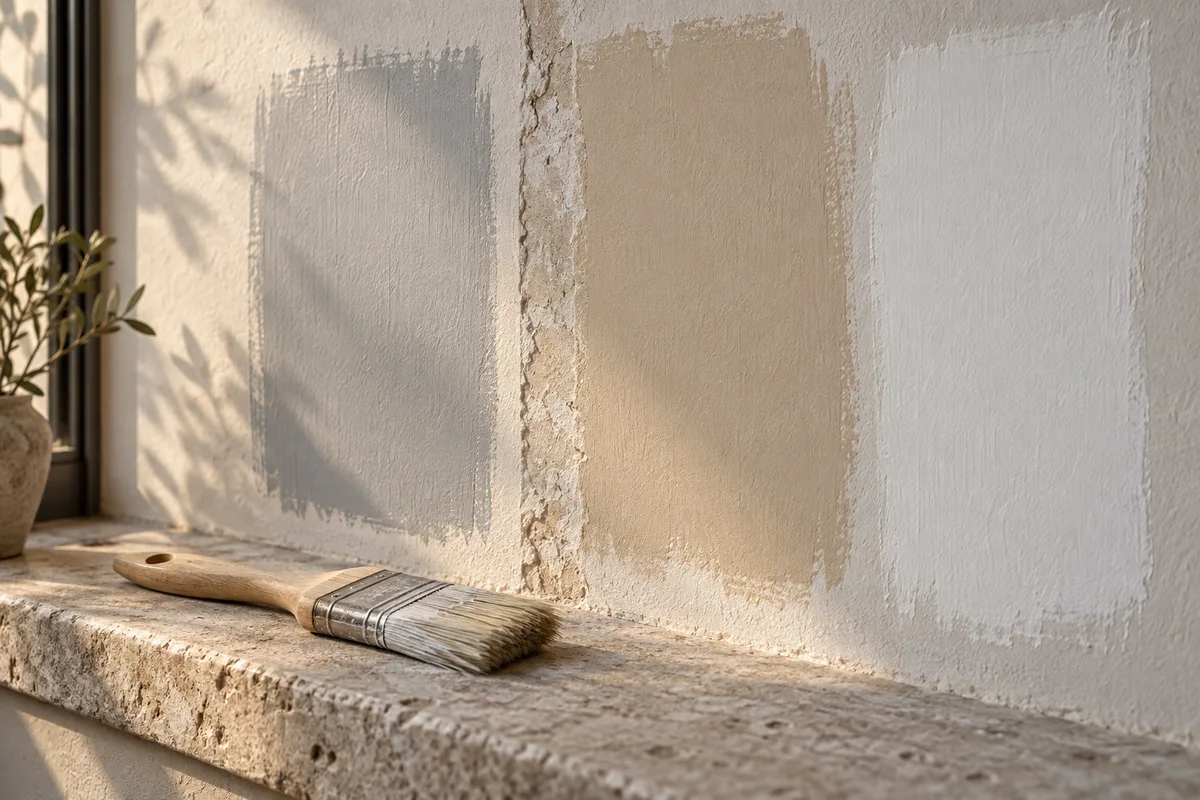 Mur intérieur portant trois larges aplats de peinture d’essai et un pinceau posé sur le rebord