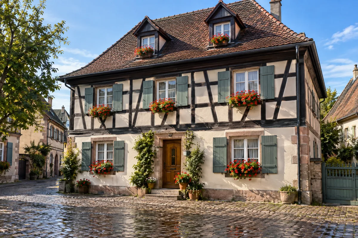 Façade de maison alsacienne à colombages fraîchement repeinte avec volets ouverts