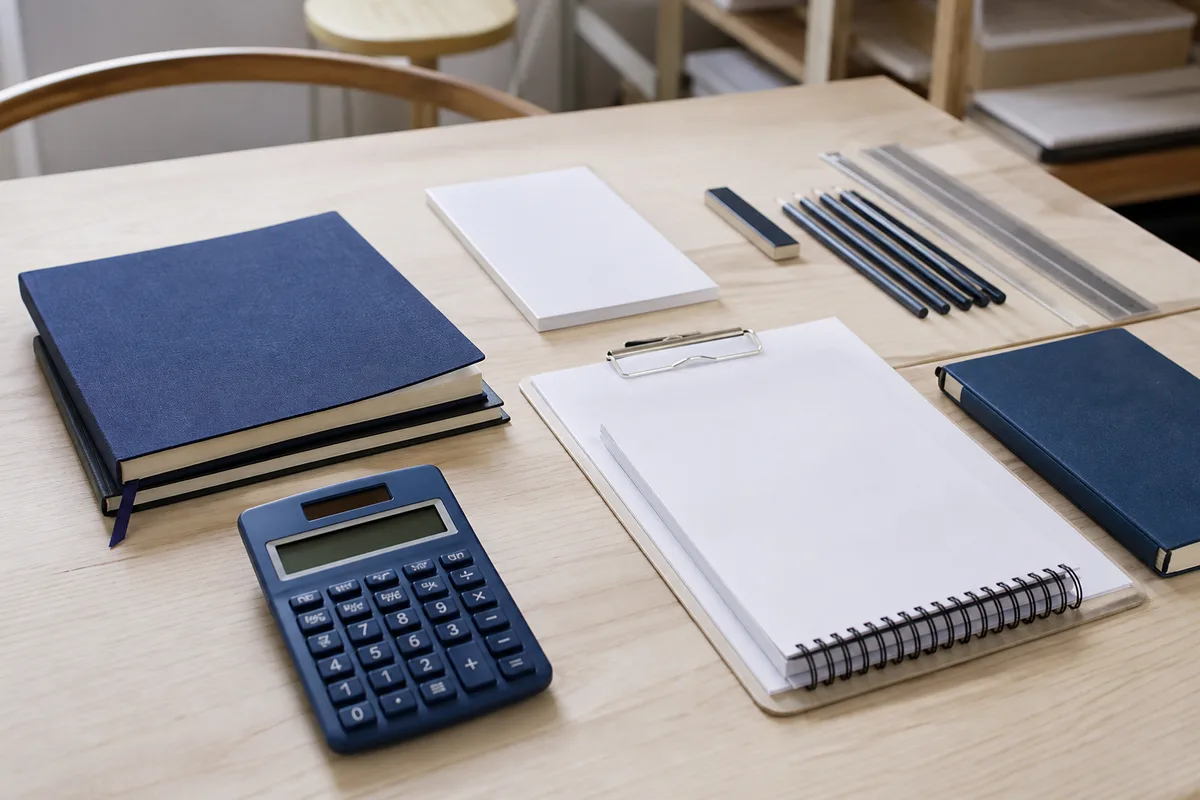 Calculatrice et documents budgétaires posés sur un bureau clair