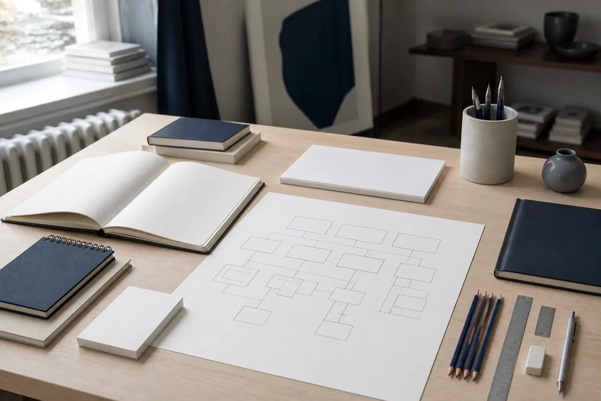 Plan de travail avec croquis d&rsquo;arborescence de site et carnet de notes
