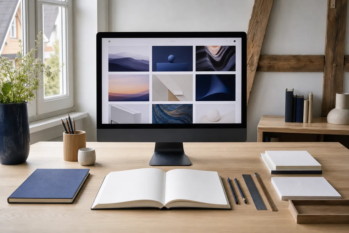 Portfolio de projets web présenté sur un écran et un carnet de notes