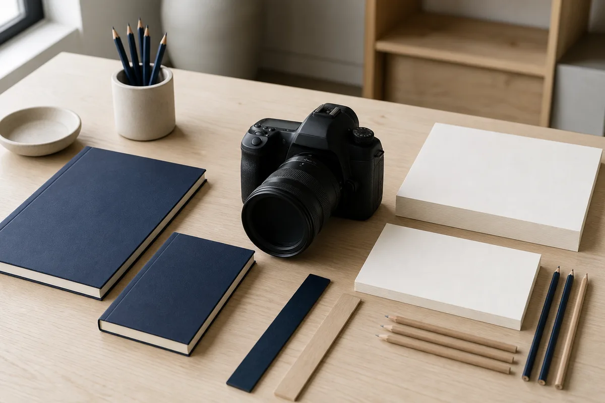 Bureau avec appareil photo et notes de préparation d’un reportage d’entreprise