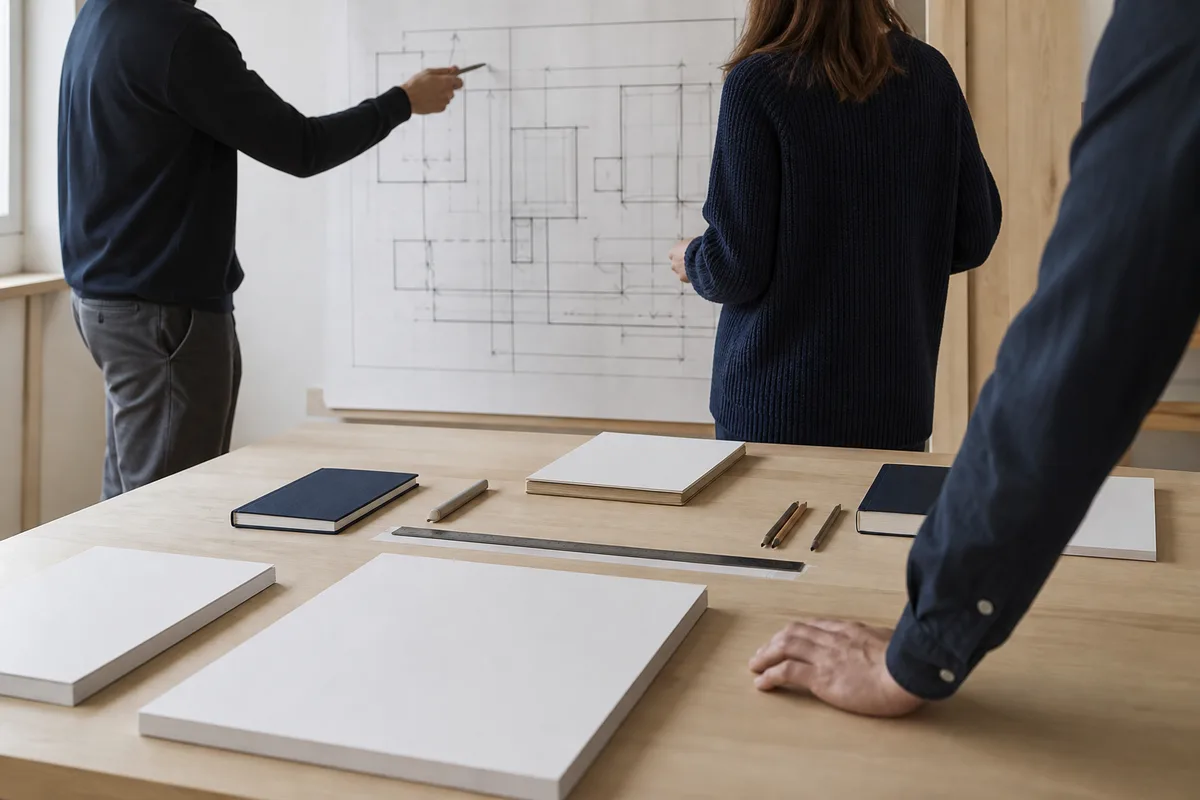 Réunion d&rsquo;équipe autour d&rsquo;un schéma d&rsquo;architecture technique au tableau